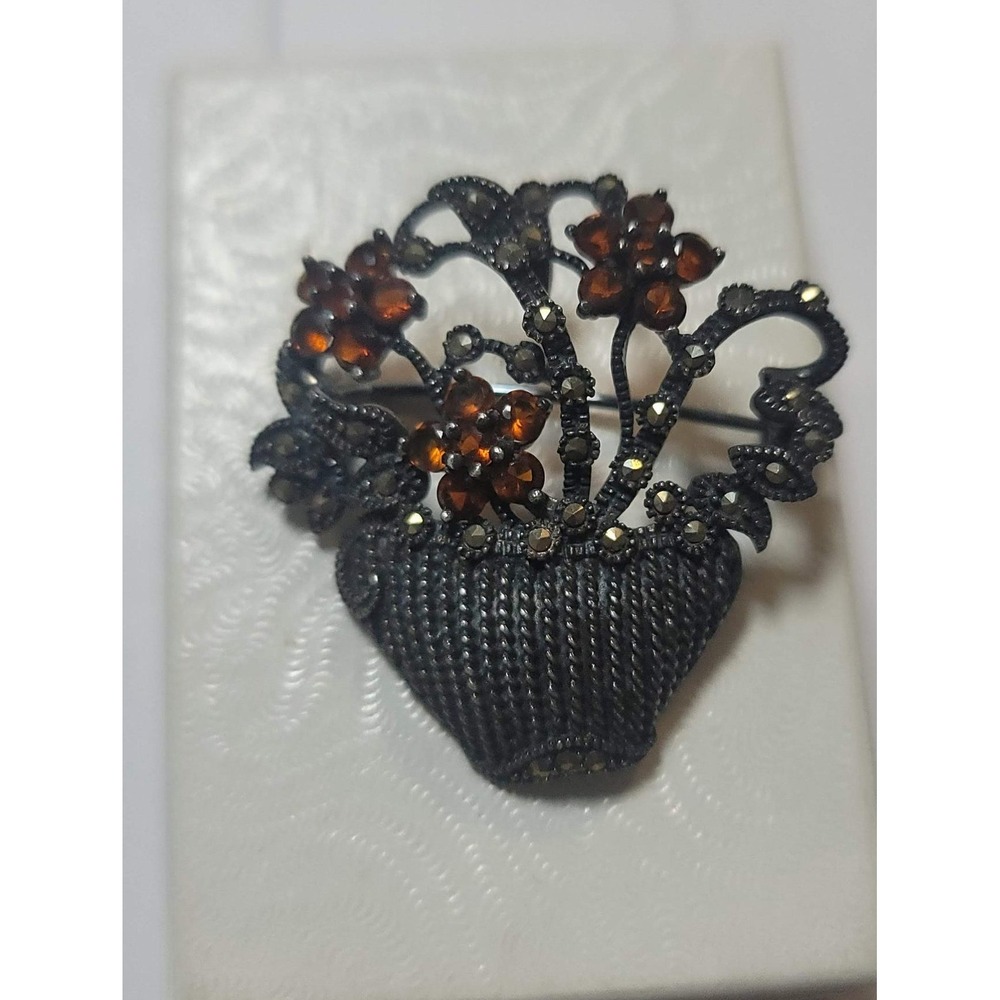 Vintage 925 Sterling Silver Marcasite Amber Stone Flower Basket Brooch Pin 8.8g